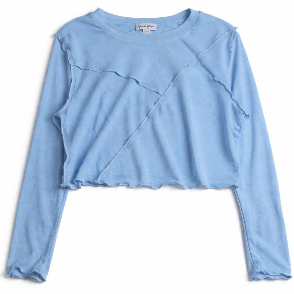 Love Fire Blue Mesh Sequin Patchwork Long Sleeve Crop Top and Skirt Kids XL